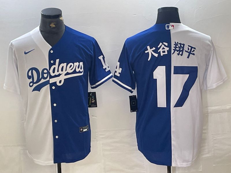 Men Los Angeles Dodgers 17 Ohtani White blue double Nike Game MLB Jersey style 1